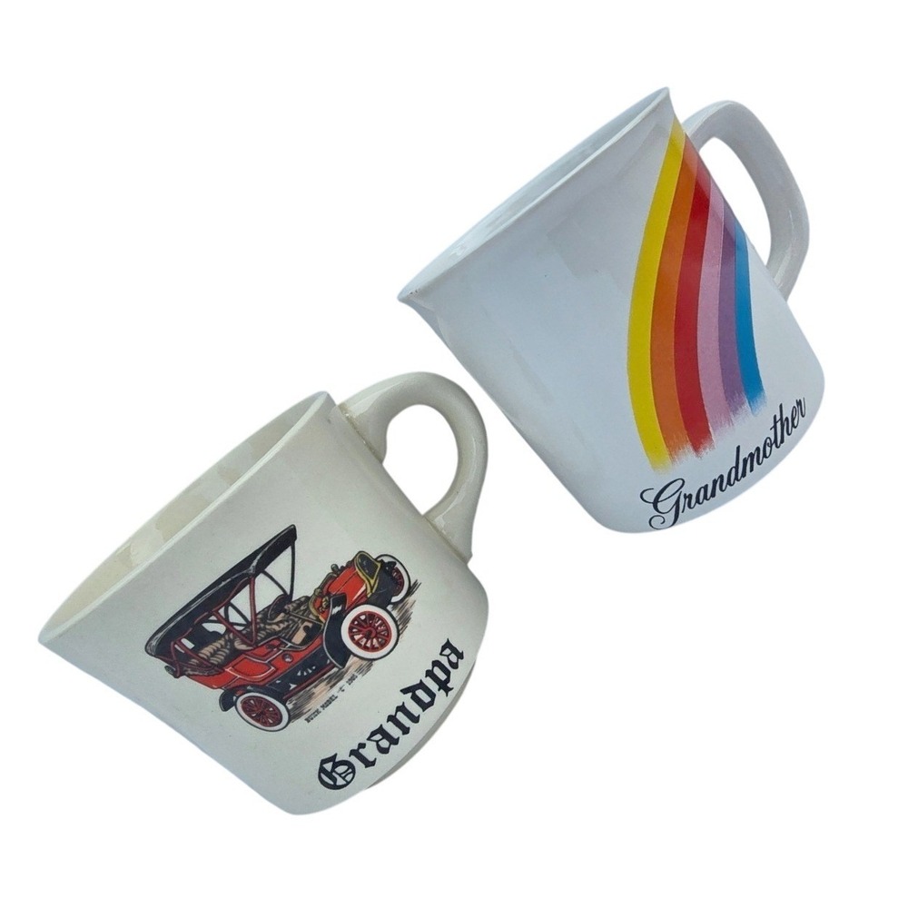 Vintage Mugs International Grandpa Antique Car and Grandmother Rainbow Mug Set
